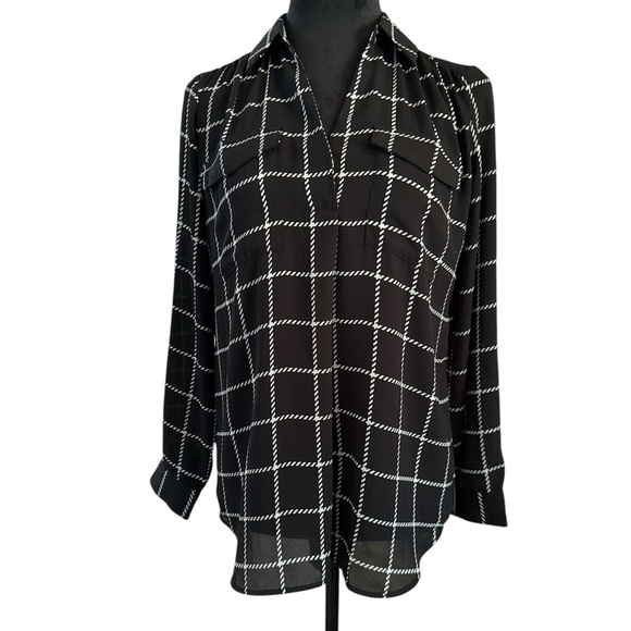 Ann Taylor Factory Petite Black & White Rope Grid Print Button Down Blouse SP - Picture 1 of 9